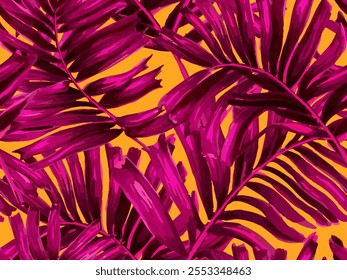 África Trópico Padrão Sem Costura. Projeto de textura de botânica havaiana. Camisa de banho Fundo de flor botânica. Cor-de-rosa laranja amarelo aquarela Folhas de Monstera, Palm e Selva. Grande Folha Aloha Rapport.