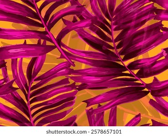 Africa Tropic Seamless Pattern. Hawaiian Botany Texture Design. Large Leaf Aloha Rapport. Swimwear Shirt Botanical Flower Background. Pink Orange Yellow Watercolor Leaves of Monstera, Palm and Jungle.