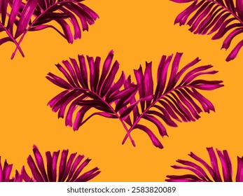 Africa Tropic Seamless Pattern. Hawaiian Botany Texture Design. Pink Orange Yellow Watercolor Leaves of Monstera, Palm and Jungle. Swimwear Shirt Botanical Flower Background. Large Leaf Aloha Rapport.