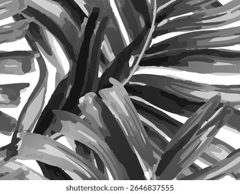 África Trópico Padrão Sem Costura. Projeto de textura de botânica havaiana. Camisa de banho Fundo de flor botânica. Folhas de Aquarela de Monstera, Palm e Selva. Grande Folha Aloha Rapport. Preto-e-branco