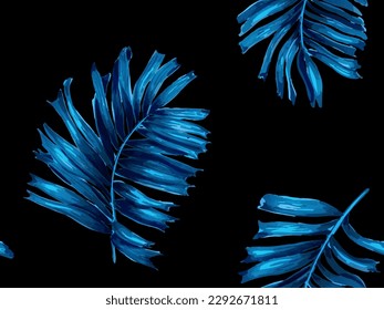 Africa Tropic Seamless Pattern. Large Aloha Rapport. Watercolor Leaves of Monstera, Palm and Jungle. Swimwear  Shirt Botanical Flower Background. Hawaiian Botany Texture Design. Navy Blue Black