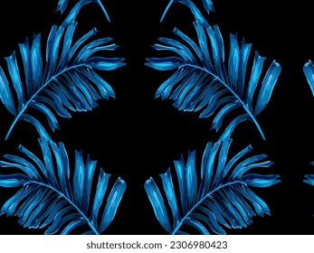 Africa Tropic Seamless Pattern. Large Aloha Rapport. Hawaiian Botany Texture Design. Watercolor Leaves of Monstera, Palm and Jungle. Swimwear  Shirt Botanical Flower Background. Navy Blue Black