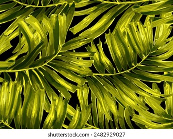 Africa Tropic Seamless Pattern. Large Leaf Aloha Rapport. Watercolor Leaves of Monstera, Palm and Jungle. Green Black Swimwear  Shirt Botanical Flower Background. Hawaiian Botany Texture Design.