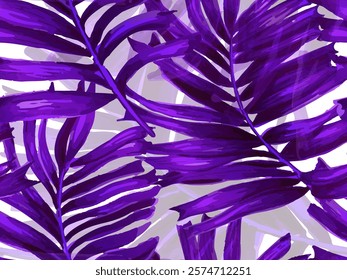 Africa Tropic Seamless Pattern. Large Leaf Aloha Rapport. Hawaiian Botany Texture Design Swimwear Shirt Botanical Flower Background. Violet Purple White Watercolor Leaves of Monstera, Palm and Jungle.