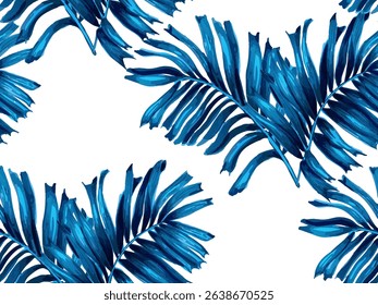 Africa Tropic Seamless Pattern. Large Aloha Rapport. Navy Blue White Swimwear Shirt Botanical Flower Background. Watercolor Leaves of Monstera, Palm and Jungle. Hawaiian Botany Texture Design.