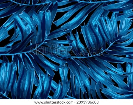 Africa Tropic Seamless Pattern. Large Aloha Rapport. Hawaiian Botany Texture Design. Watercolor Leaves of Monstera, Palm and Jungle. Swimwear  Shirt Botanical Flower Background. Navy Blue Black