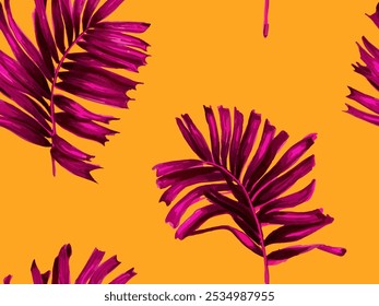 África Trópico Padrão Sem Costura. Cor-de-rosa laranja amarelo havaiano Botany Texture Design. Grande Folha Aloha Rapport. Folhas de Aquarela de Monstera, Palm e Selva. Camisa de banho Fundo de flor botânica.