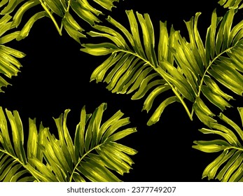 Africa Tropic Seamless Pattern. Swimwear  Shirt Botanical Flower Background. Hawaiian Botany Texture Design. Green Black Watercolor Leaves of Monstera, Palm and Jungle. Large Leaf Aloha Rapport.