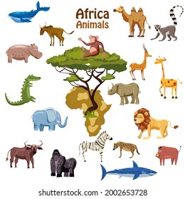 Africa tropical animals map south continent. Collection cute exotic characters. Vector illustration isolated