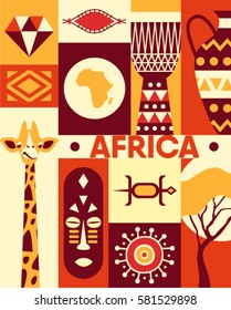 Africa, vector flat illustration, icon set, poster. Diamond, shield, map world, music drum, vase, giraffe, mask, lizard, decoration, tree