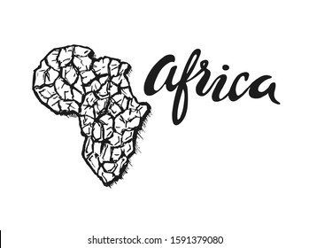 Africa vector illustration. African continent. Dry waterless ground, hot climate. Ecological concept. Hand drawn sketch.