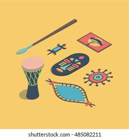Africa, vector isometric concept illustration: drum, spear, shield, decoration, mask, lizard, picture