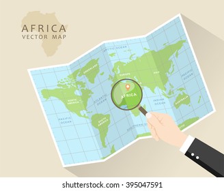 Africa vector map. World Map with Magnifying Glass - Africa in Focus. Folded map with magnifier.