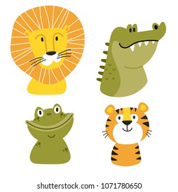 Africa vector set. Safari collection with alligator, frog, lion, toucan, rhino. Perfect for wallpaper, print, packaging, invitations, Baby shower, patterns, travel, logos etc