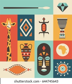 Africa, vector travel illustration, flat icon set, african background. Giraffe, diamond, mask, music drum, continent, decoration, vase, shield, spear, lizard