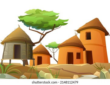 Africa village. Dwellings in rocky desert. Rural houses made of clay and straw. African landscape. Acacia trees. Isolated on white background. Vector.