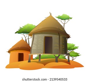 Africa village. Hut from weaving branches. Rural houses made of clay and straw. Isolated on white background. African landscape. Acacia trees. Vector.