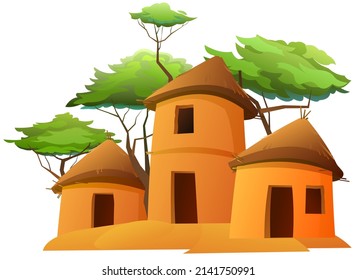 Africa village. Rural houses made of clay and straw. African landscape. round buildings. Acacia trees. Isolated on white background. Vector.