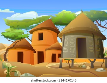 Africa village. Rural houses made of clay and straw. African landscape. Rocky desert and blue sky. Acacia trees. Vector