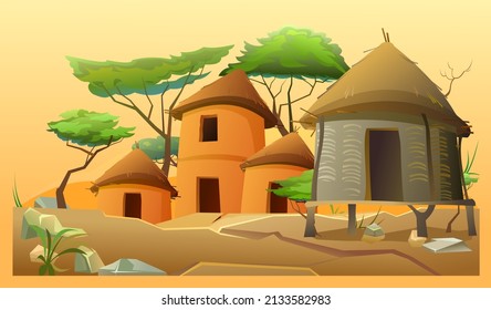 Africa village. Sunny hot yellow heat. Rural houses made of clay and straw. African landscape. Acacia trees. Vector