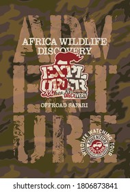 Africa wildlife discovery offload adventure vector print for boy t shirt with camouflage background