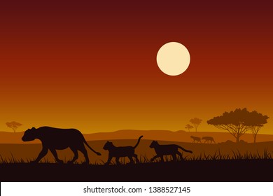 Africa wildlife.Silhouette female lion and Baby lion.