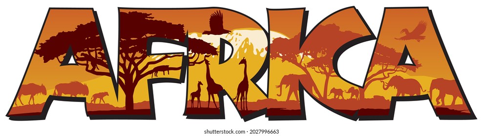 Africa word mark with wild animal silhouette and savannah landscape background