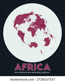 Africa. World map. Airy minimum-error azimuthal projection centered to Africa. Pale Mint Dark Pink palette. Vintage texture. Creative vector illustration.