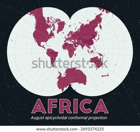 Africa. World map. August epicycloidal conformal projection centered to Africa. Pale Mint Dark Pink palette. Vintage texture. Elegant vector illustration.