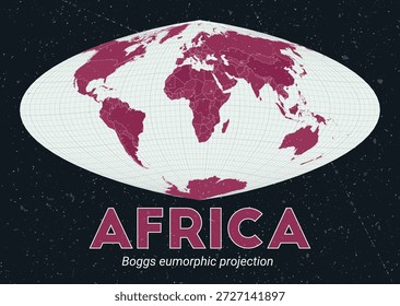 África. Mapa mundial. Proyección eufórica de Boggs centrada en África. Pale Mint Dark Pink. Textura de Antiguas. Ilustración vectorial atractiva.