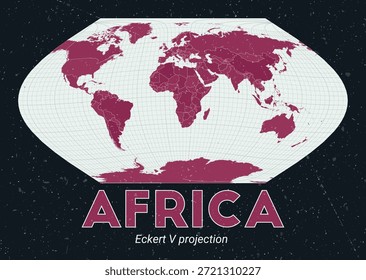 África. Mapa mundial. Proyección Eckert V centrada en África. Pale Mint Dark Pink. Textura de Antiguas. Una Ilustración vectorial increíble.