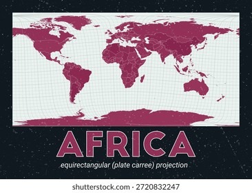África. Mapa mundial. Proyección equirectangular (sin placa) centrada en África. Pale Mint Dark Pink. Textura de Antiguas. Ilustración vectorial viva.