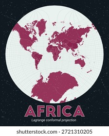 África. Mapa mundial. Proyección conforme de Lagrange centrada en África. Pale Mint Dark Pink. Textura de Antiguas. Increíble Ilustración vectorial.