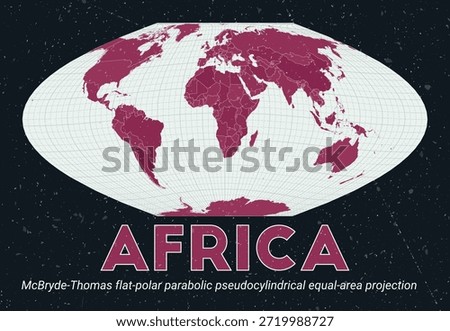 Africa. World map. McBryde-Thomas flat-polar parabolic pseudocylindrical equal-area projection centered to Africa. Pale Mint Dark Pink palette. Vintage texture. Stylish vector illustration.
