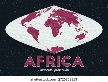 África. Mapa do mundo. Projeção sinusoidal centrada na África. Paleta de menta pálida rosa escuro. Textura vintage. Ilustração de vetor autêntico.