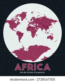 Afrika. Weltkarte. Van der Grinten III-Projektion mit Schwerpunkt Afrika. Pale Mint Dunkelrosa Palette. Vintage-Textur. Erstaunliche Vektorgrafik.