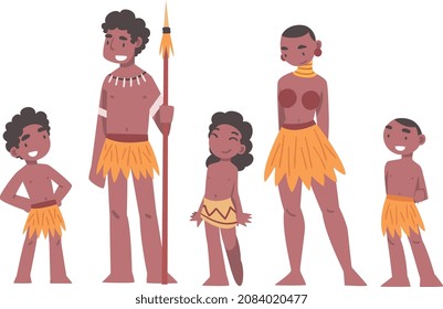 African Aboriginal Family with Father, Mother and Kids Dressed in Traditional Tribal Clothing Vector Illustration