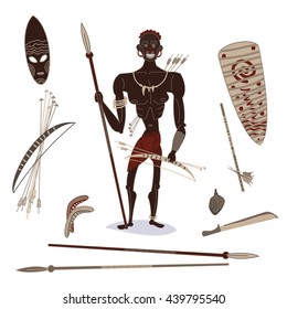 african aboriginal hunter with hunting equipment