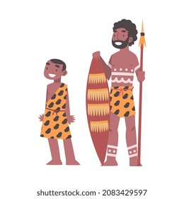 African Aboriginal Man Father with His Son Dressed in Traditional Animal Skin Standing with Spear and Shield Vector Illustration