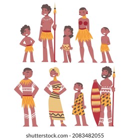 African Aboriginal Man and Woman Dressed in Traditional Tribal Clothing Vector Set