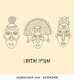 African aborigine faces masks doodle vector set