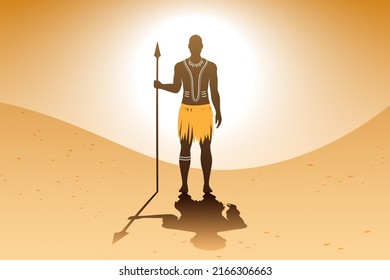 African Aborigine Man With Traditional Body Art And Ethnic Dress, Standing On A Sandy Landscape Background, While Holding A Spear. Massai Tribe Warrior Vector Illustration.