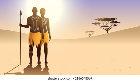 African Aborigine Man And Woman With Traditional Body Art And Ethnic Dress, Standing On A Sunny Sandy Landscape Background And Holding A Spear. Massai Tribe Couple Vector Illustration.