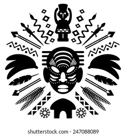 African Abstract Art Tribal Concept Illustration with mask, animals and decorative elements. Vector design