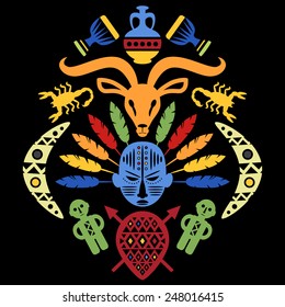 African Abstract Art Tribal Concept Illustration with mask, animals and decorative elements. Vector design