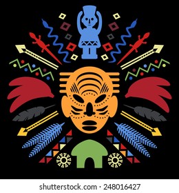 African Abstract Art Tribal Concept Illustration with mask, animals and decorative elements. Vector design