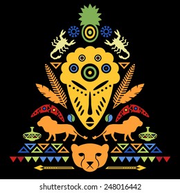 African Abstract Art Tribal Concept Illustration with mask, animals and decorative elements. Vector design