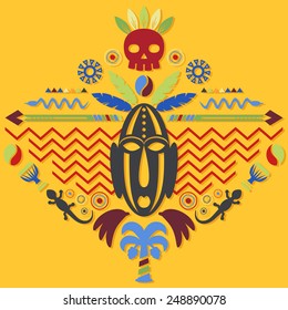 African Abstract Art Tribal Concept Illustration with mask, animals and decorative elements. Vector design