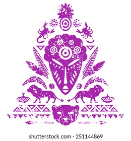 African Abstract Art Tribal Concept with mask, animals and decorative elements. Vector textured illustration