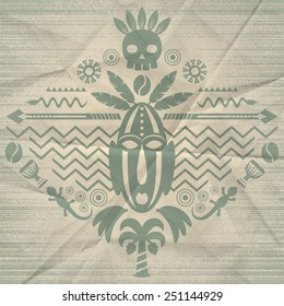 African Abstract Art Tribal Concept with mask, animals and decorative elements. Vector textured illustration